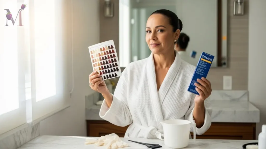 Mulher escolhendo cor para pintar o cabelo em casa.