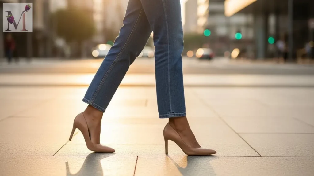 Mulher caminhando em rua de São Paulo usando scarpin nude com jeans reto.