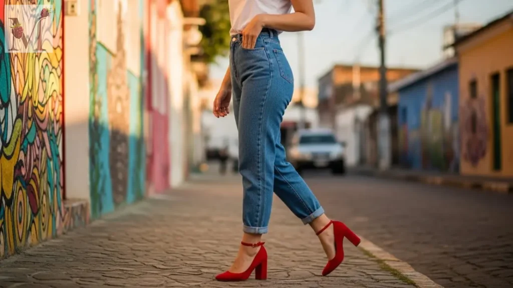 Look casual com jeans, camiseta branca e scarpin vermelho em rua boêmia.