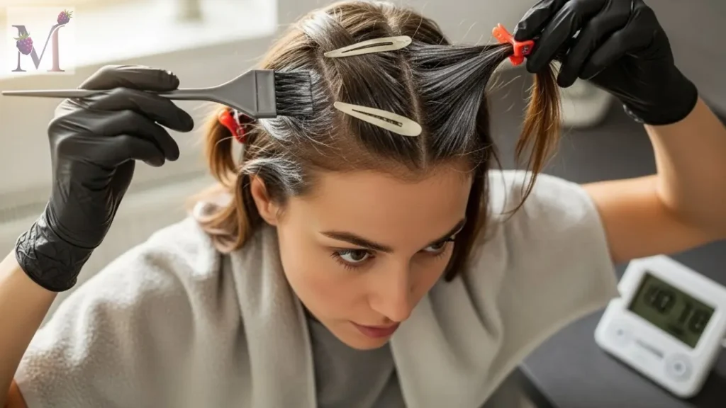 Aplicação de tinta na raiz em casa com luvas.