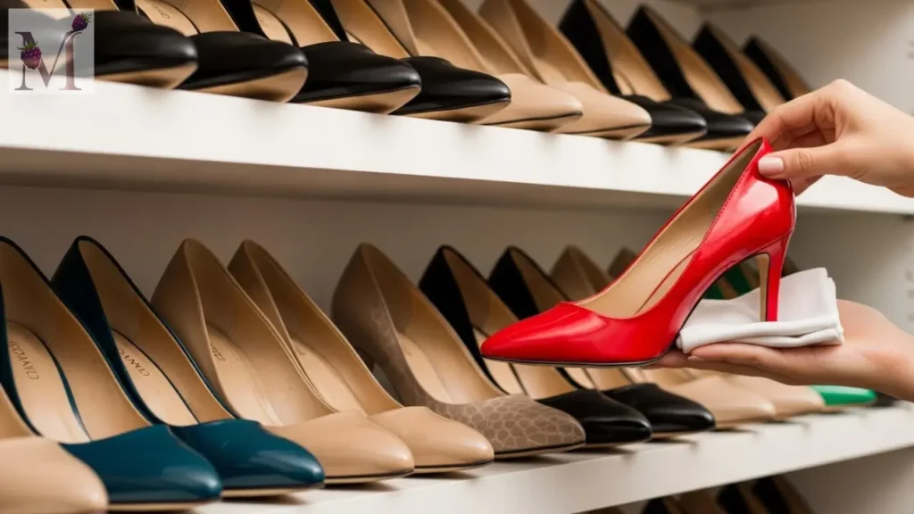 Prateleira com vários modelos de scarpin sendo limpos em casa.
