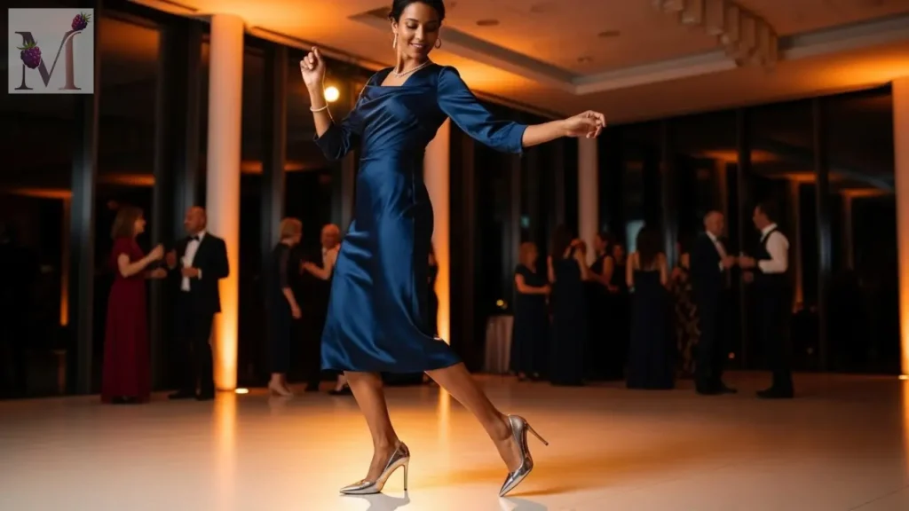 Mulher em festa elegante usando vestido azul e scarpin metalizado prata.