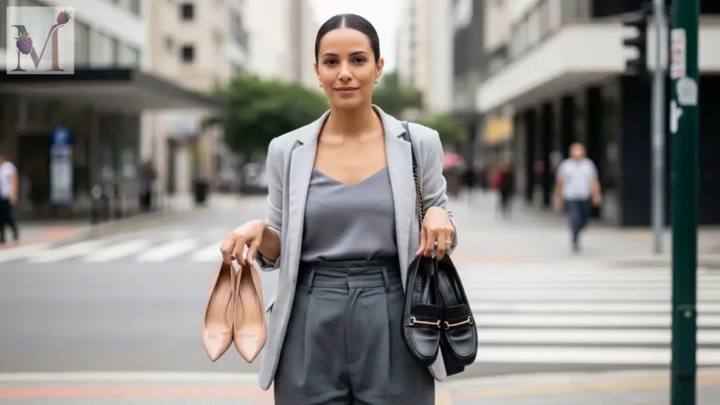 Mulher em São Paulo comparando sapatos para usar com calça de alfaiataria