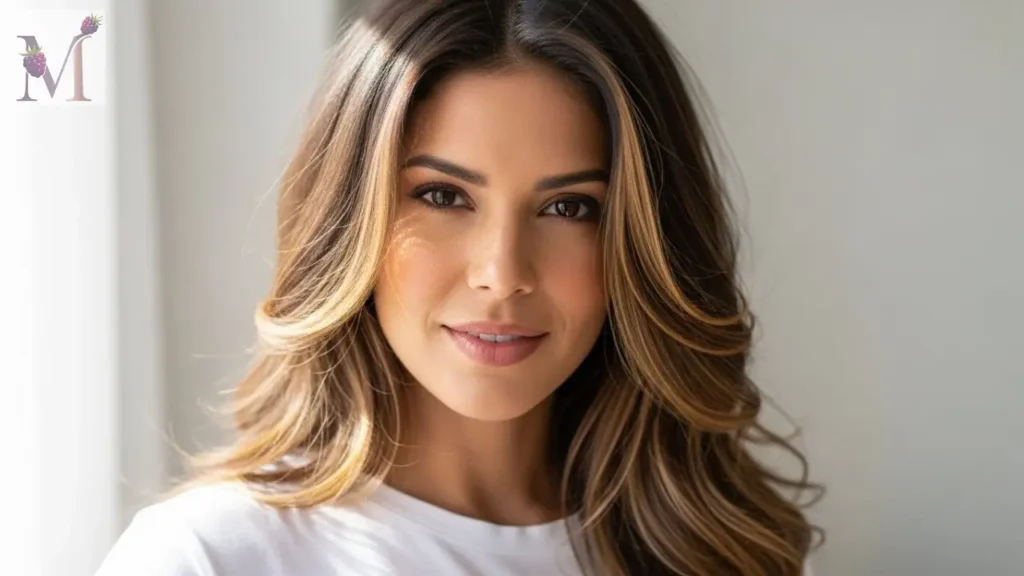 Mulher com cabelo castanho iluminado por luzes douradas.