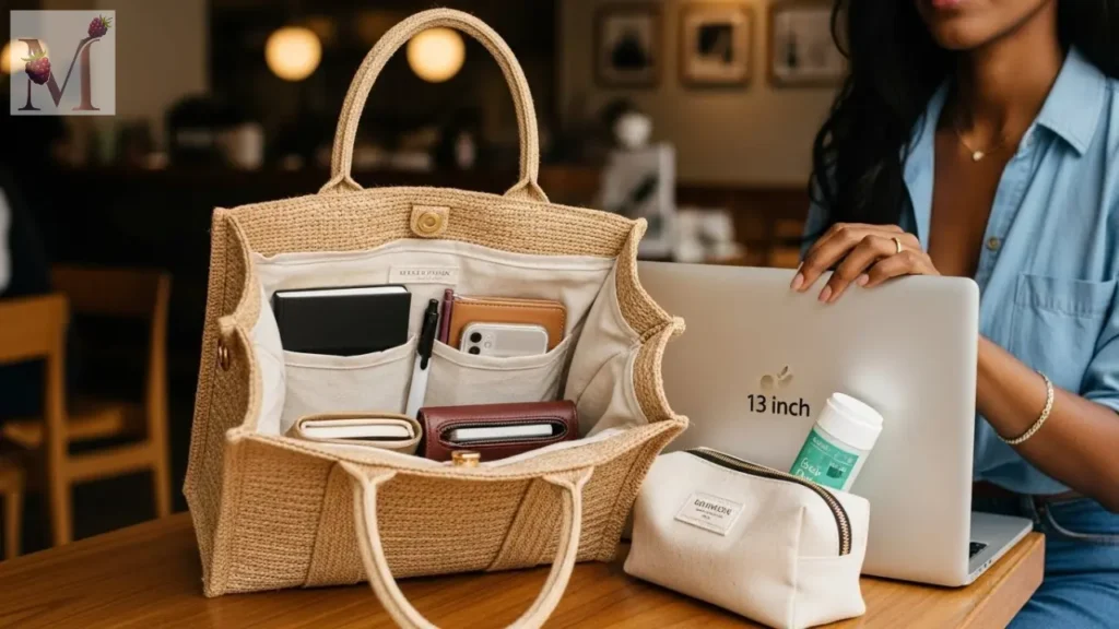 Bolsa de palha/juta aberta mostrando forro e organização com notebook.