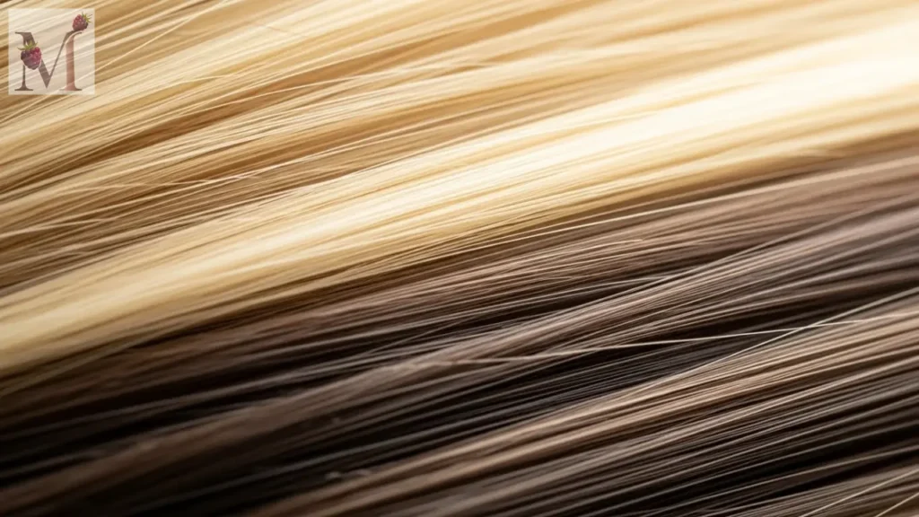 Detalhe de mechas claras e escuras no cabelo.