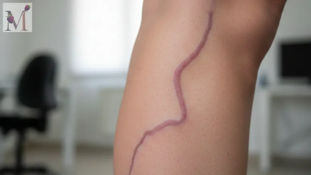 Close de veia dilatada na perna.