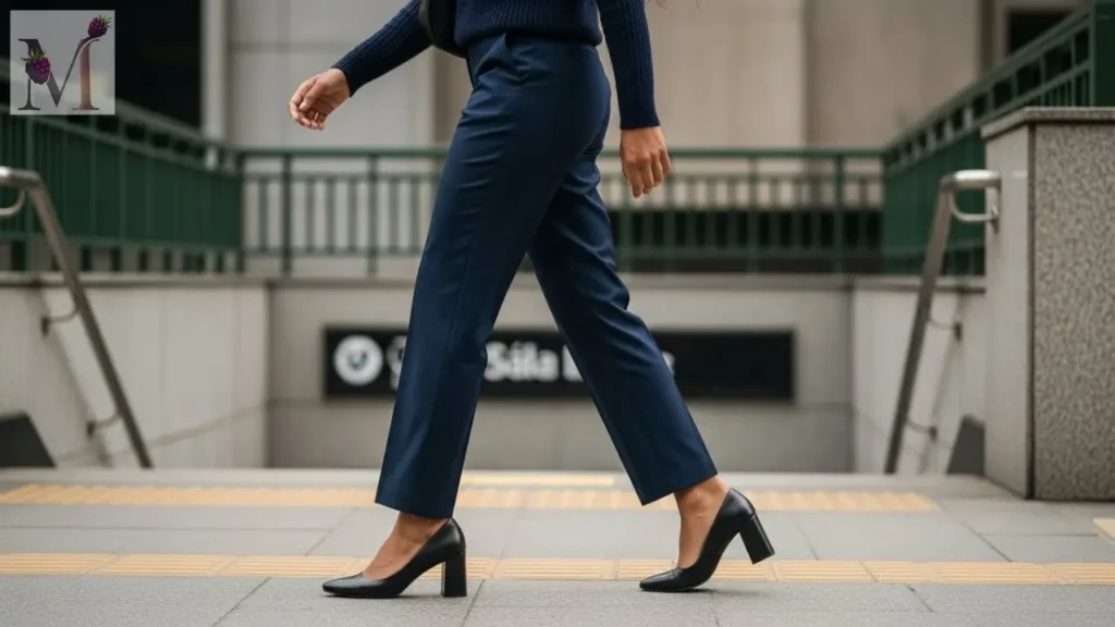 Salto bloco preto com calça de alfaiataria em caminhada urbana
