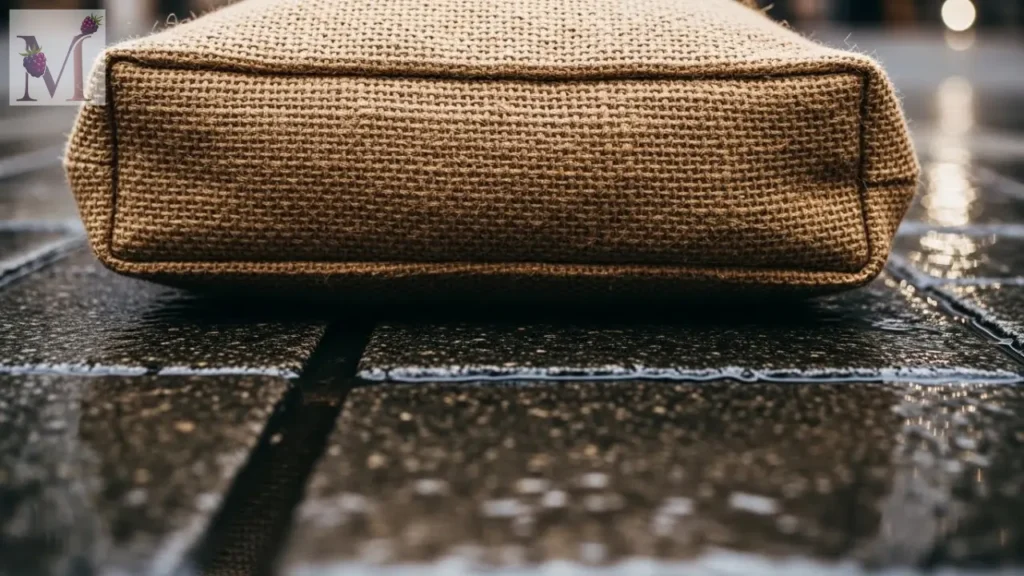 Close da base firme de bolsa de palha/juta em dia chuvoso no Centro.