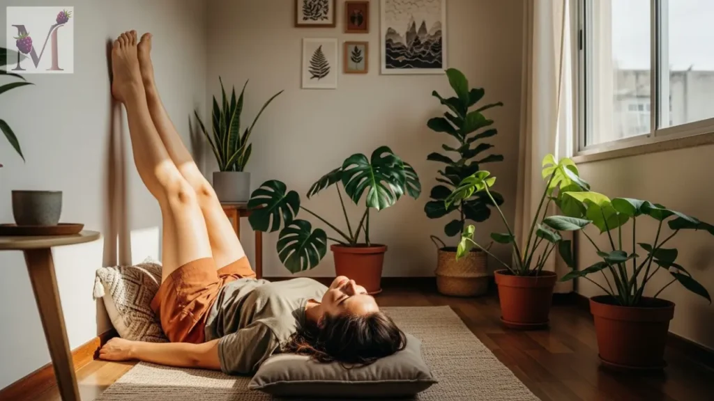 Mulher elevando as pernas na parede para aliviar desconforto.