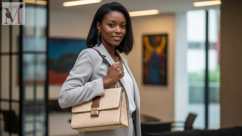 Look de trabalho na Faria Lima com bolsa de palha estruturada.