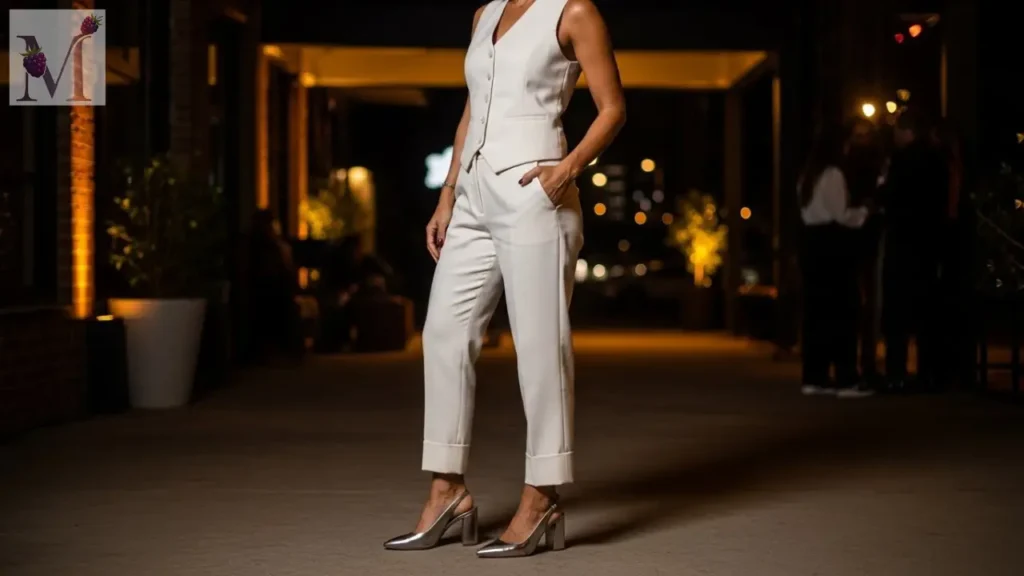 Slingback metalizado com calça de alfaiataria para evento à noite