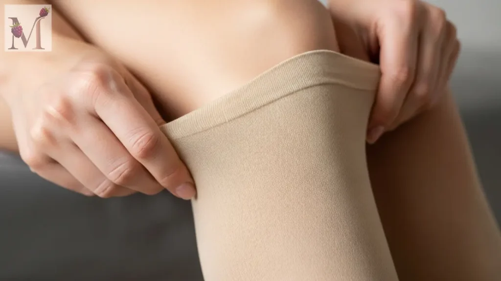 Mulher colocando meia de compressão na perna.
