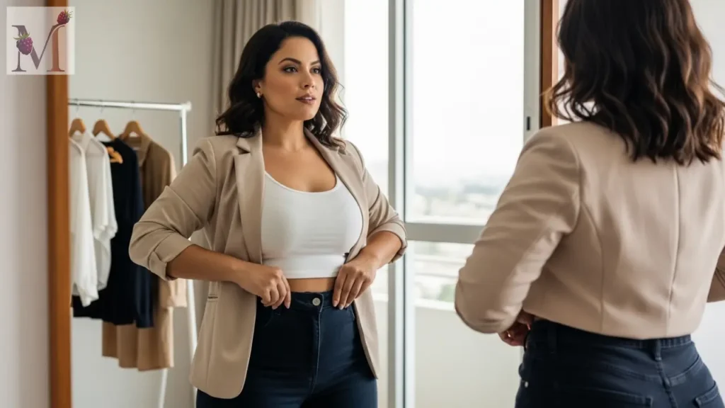 Mulher provando Calça jeans feminina que modela o corpo funciona em frente ao espelho.