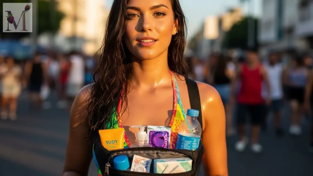 Doenças comuns no Carnaval: Mulher com pochete de itens de saúde no Carnaval.