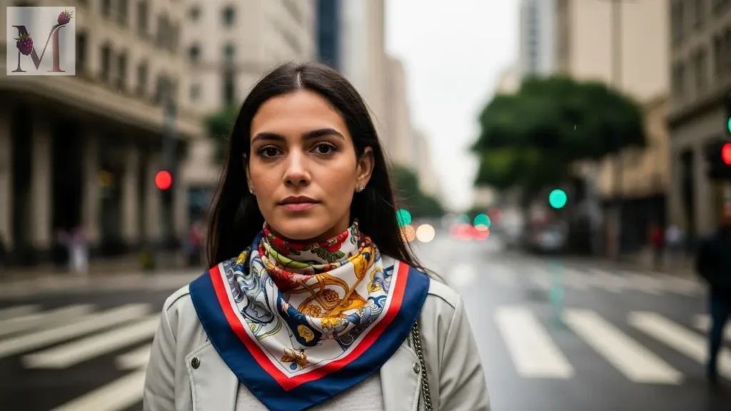 Mulher na Paulista usando lenço no pescoço em dia de garoa.