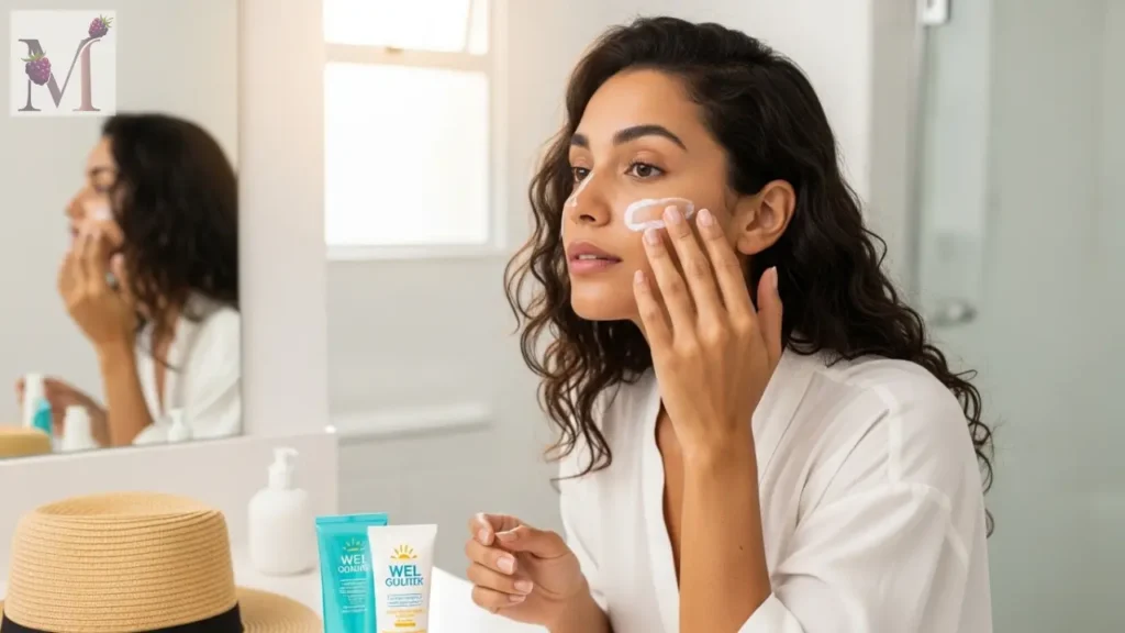 Mulher aplicando protetor solar no rosto pela manhã.