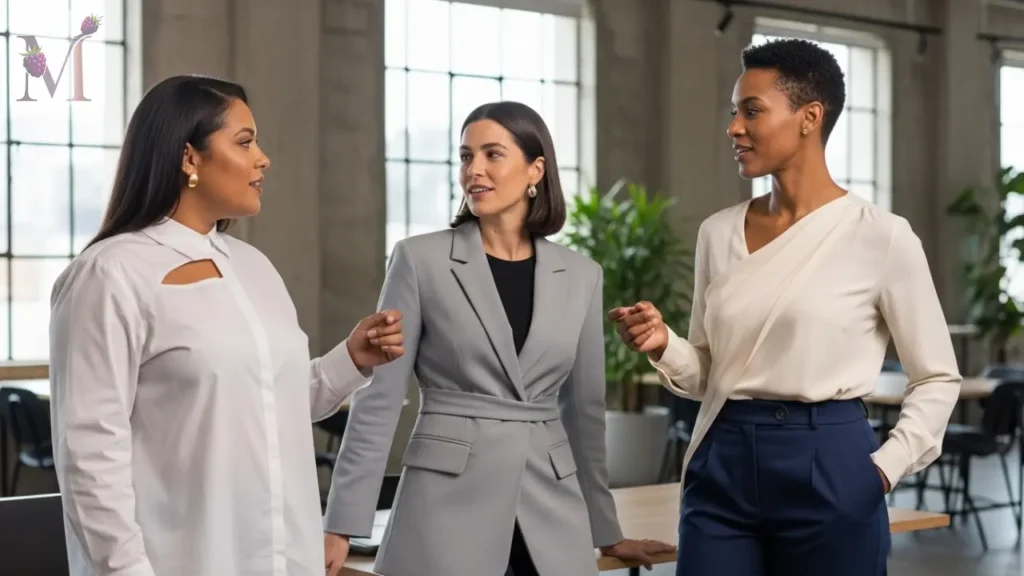 Três mulheres com roupas estruturadas que modelam o corpo de forma confortável.