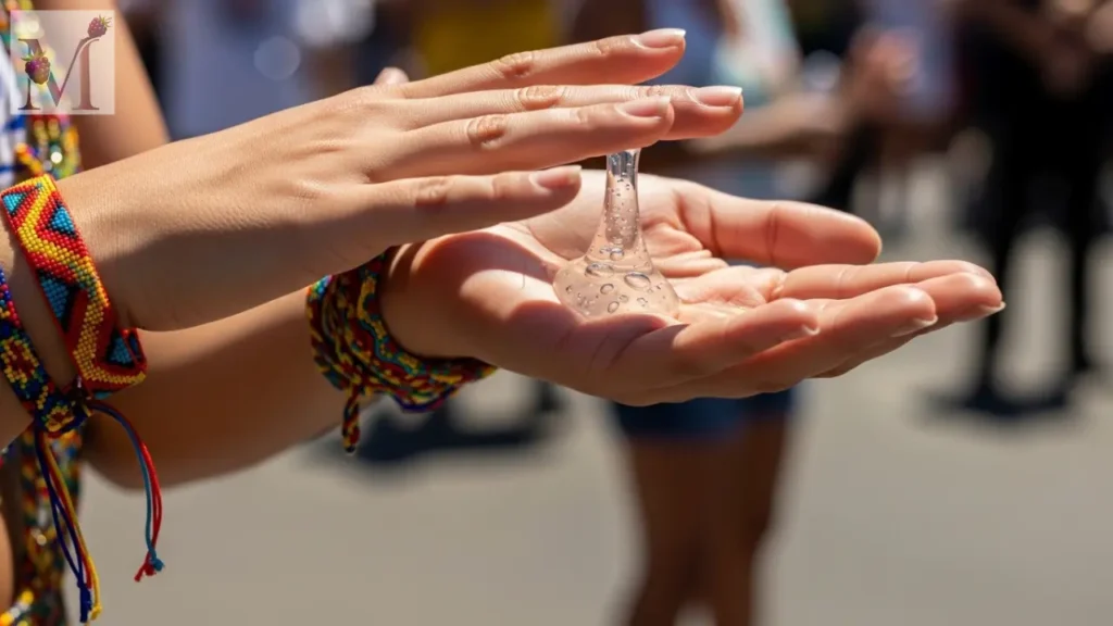 Mãos passando álcool em gel durante bloco de Carnaval.