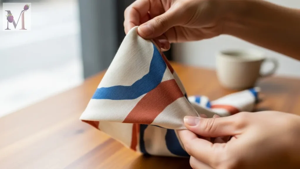 Close do lenço dobrado e pronto para amarração.