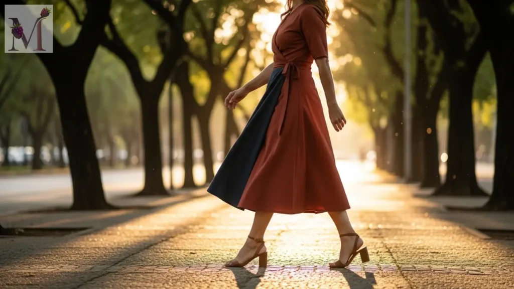 Vestido transpassado midi encorpado criando efeito modelador no corpo.