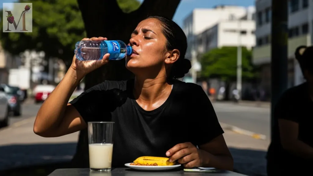 Doenças comuns no Carnaval: Mulher hidratando e comendo leve no Carnaval.