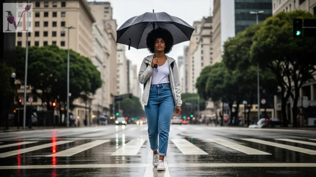 Look para chuva em São Paulo com jeans de cintura alta e jaqueta leve.