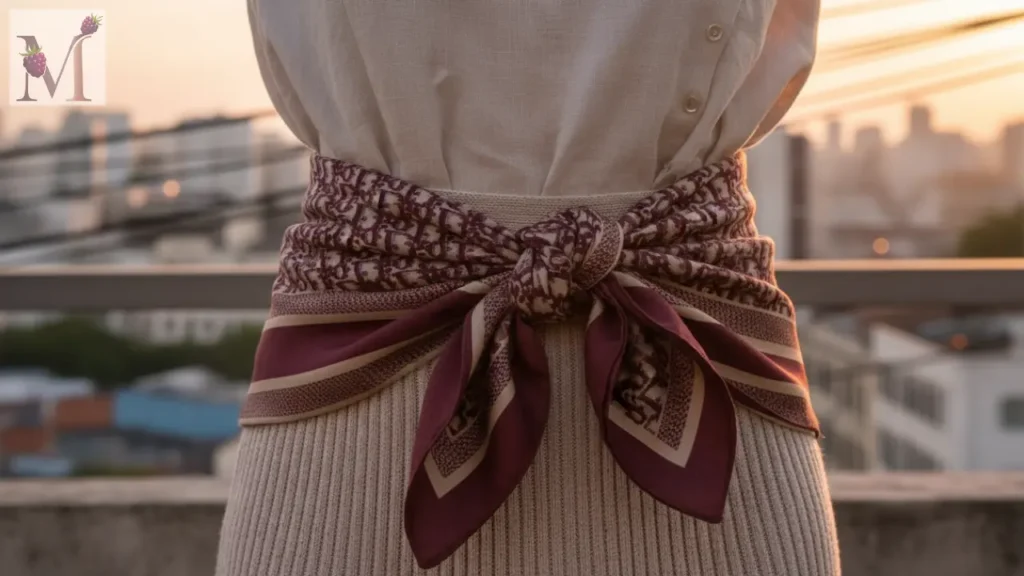 Lenço usado como cinto com nó duplo na cintura.