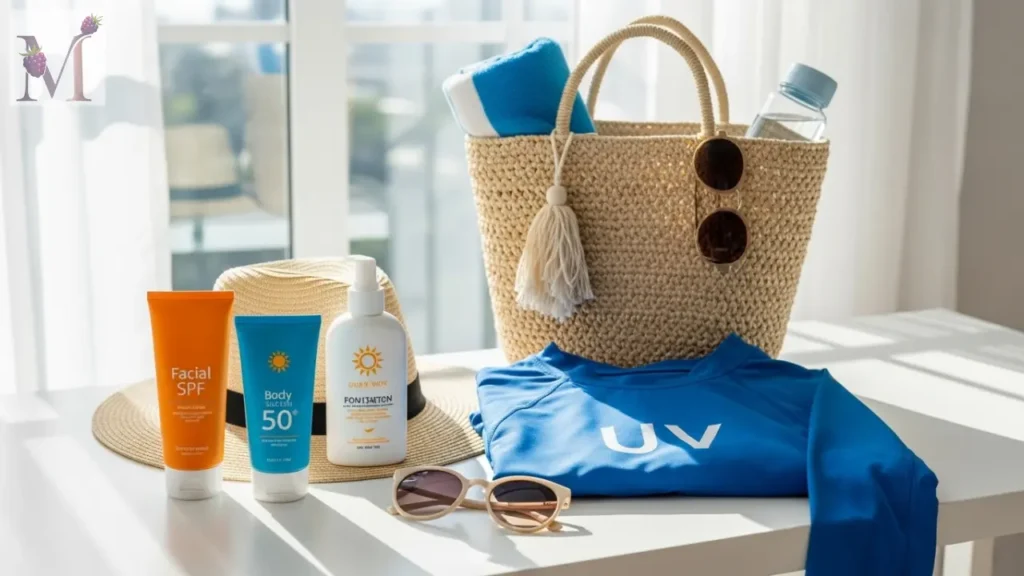 Kit de proteção solar com chapéu e protetores para reaplicar.