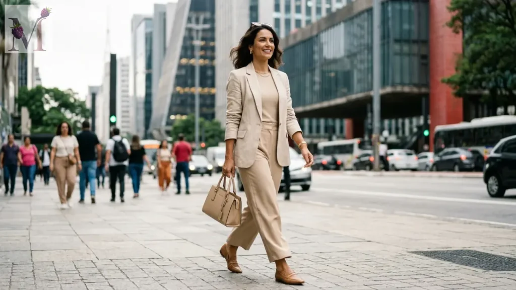 Mulher usando Looks Monocromáticos bege em cenário urbano de São Paulo