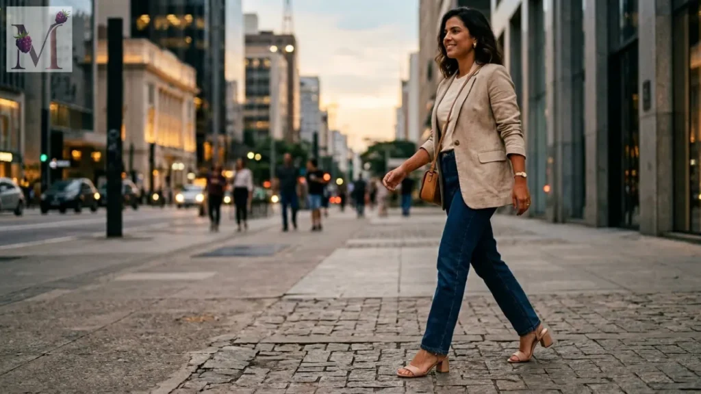 Mulher usando tamanco nude em look urbano elegante