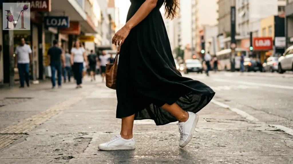 Mulher usando Tênis com Vestido em rua urbana de São Paulo