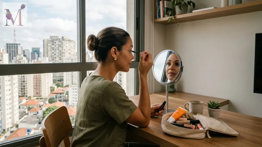Mulher fazendo maquiagem para o dia a dia com kit básico em São Paulo.