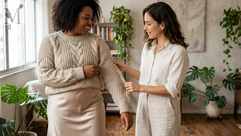 Duas mulheres mostrando texturas em looks de uma cor só