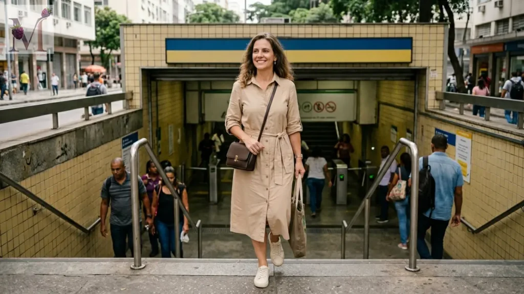 Mulher madura usando vestido com tênis em rotina urbana