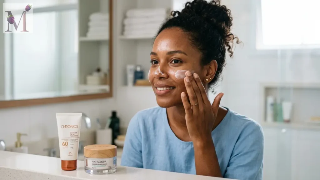 Aplicação de protetor solar antes da maquiagem leve.