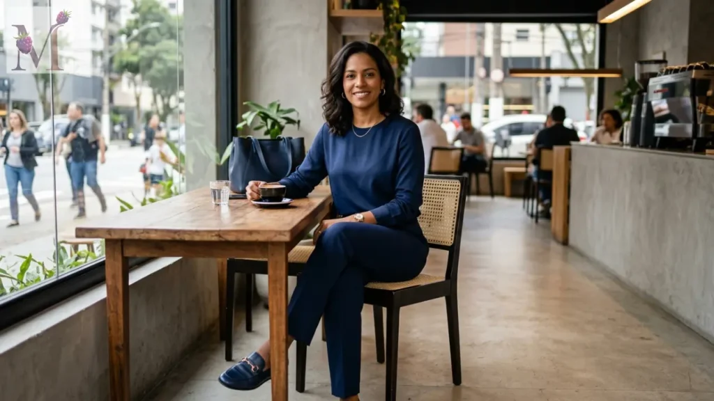 Mulher com look monocromático azul-marinho em cafeteria de Pinheiros
