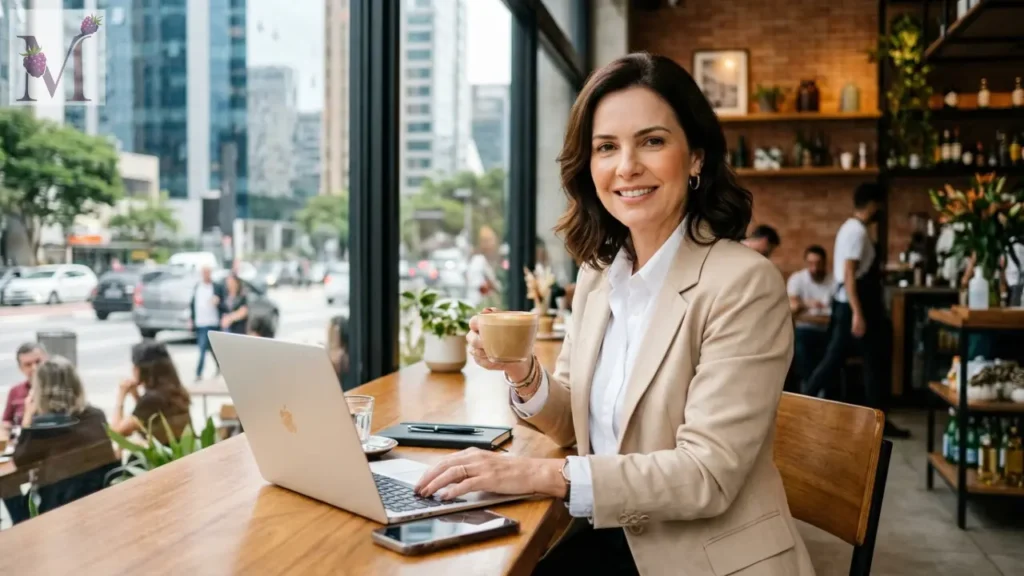 Maquiagem discreta combinando com look de alfaiataria.