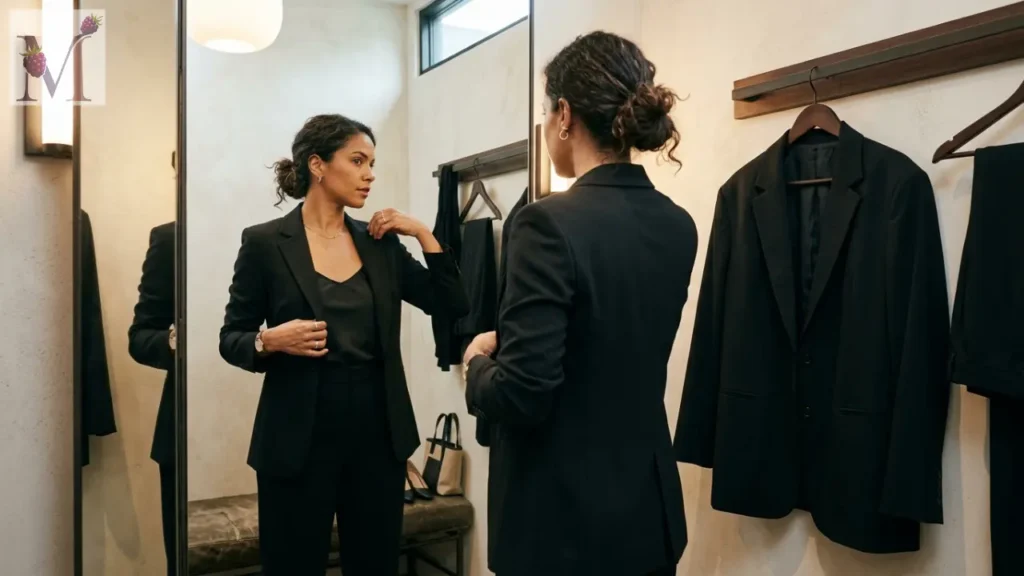 Ajuste de caimento em look monocromático preto no provador