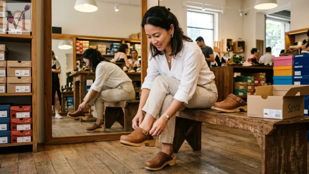 Mulher provando tamanco e testando ajuste na loja