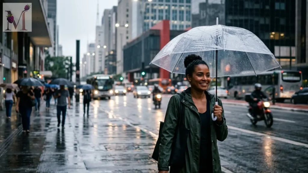 Maquiagem leve e resistente para chuva em São Paulo.