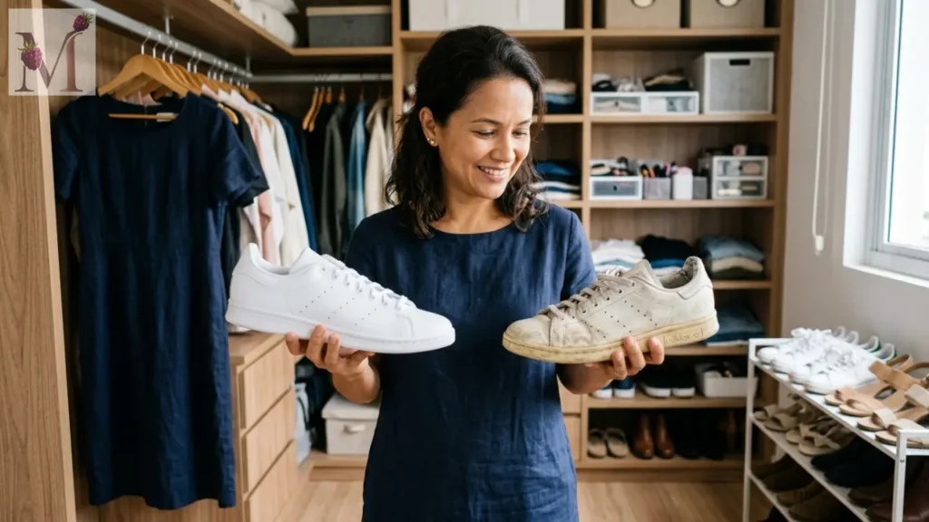 Comparação de Tênis com Vestido bem cuidado e tênis desgastado