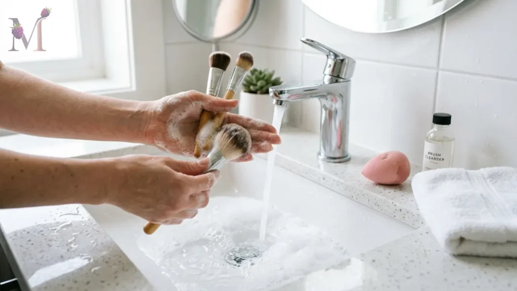 Limpeza de pincéis e esponjas para manter a pele saudável.
