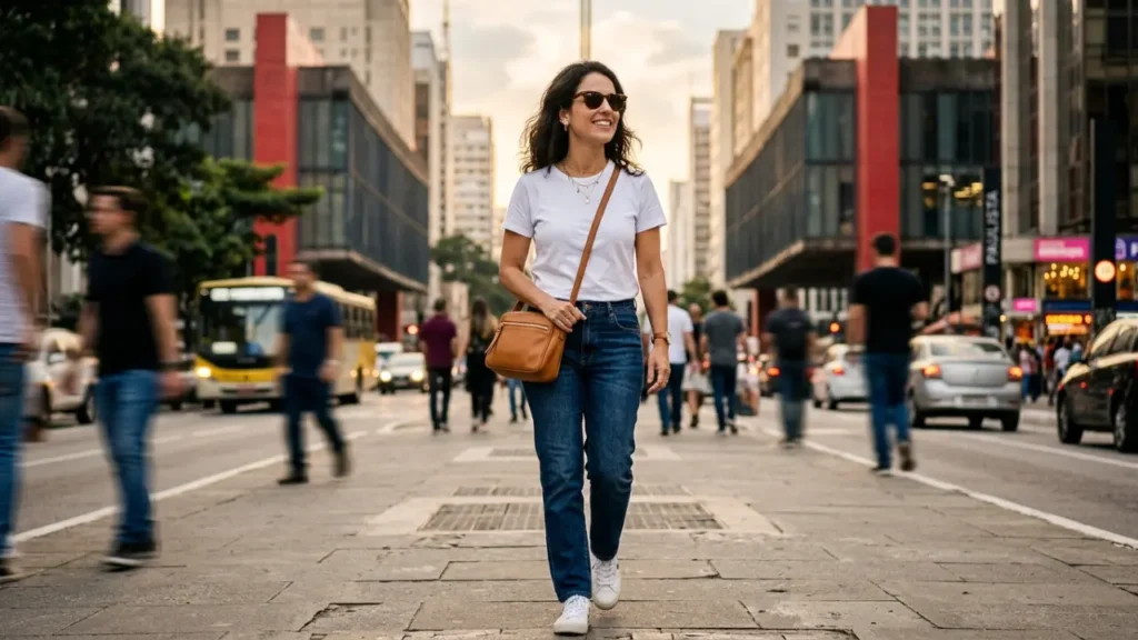 Mulher na Paulista usando acessórios femininos versáteis.