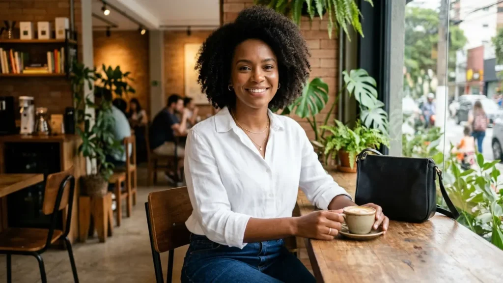 Mulher em café usando colar, brincos e bolsa preta.