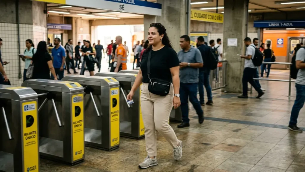 combinação de acessórios no dia a dia. Mulher no metrô com bolsa transversal e acessórios discretos.