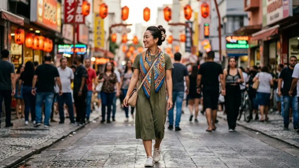 Mulher na Liberdade com lenço e presilha no cabelo.