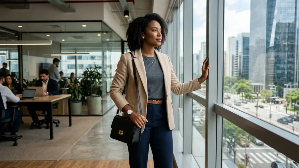 Mulher no trabalho com cinto, relógio e bolsa estruturada.